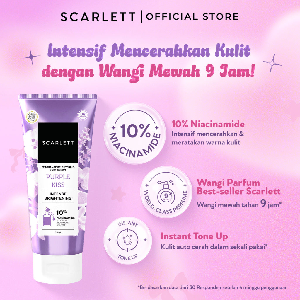 SCARLETT 10% NIACINAMIDE Fragrance Brightening Body Serum 170ml - Velvet Rouge & Purple Kiss | Intence Mencerahkan Melembabkan Meratakan Warna Kulit, Kulit Cerah Lembab Sehat dan Wangi Mewah Seharian | Solusi untuk Kulit Belang