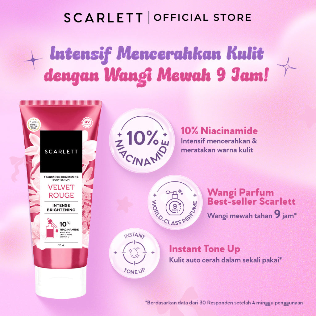 【NEW LAUNCH】BUNDLING Scarlett Fragrance Brightening Body Serum 170ml & Scarlett Whitening Extrait De Parfum 30ml ( Velvet Rouge / Purple Kiss )  | Melembapkan mencerahkan meratakan warna kulit, Kulit cerah wangi mewah