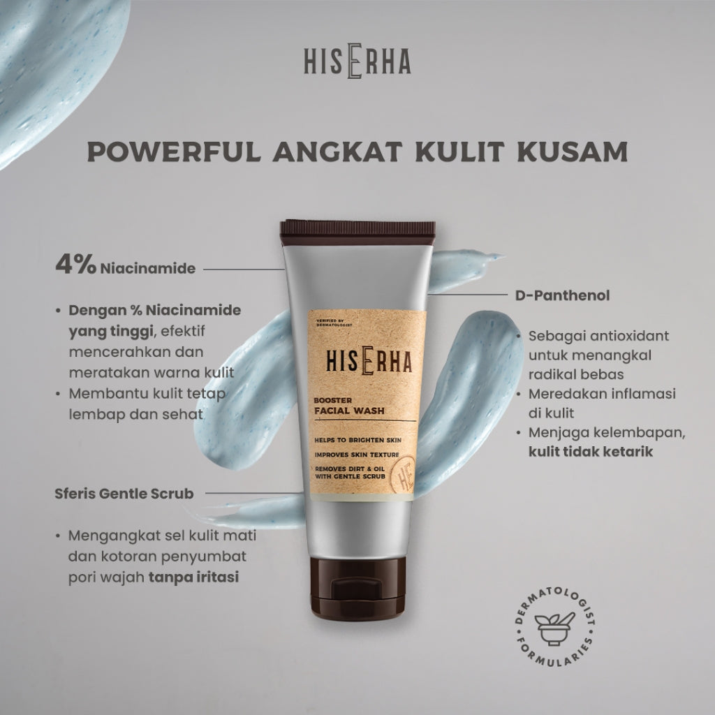 HIS ERHA Brightening Booster Facial Wash 100G - Sabun Cuci Muka Pria untuk Mencerahkan wajah, Angkat Kulit Kusam, Lembap, Tanpa Rasa Ketarik, Tanpa Iritasi, Wangi Segar Maskulin, Verified by Dermatologist, 4% Niacinamide & Sferis Gentle Scrub