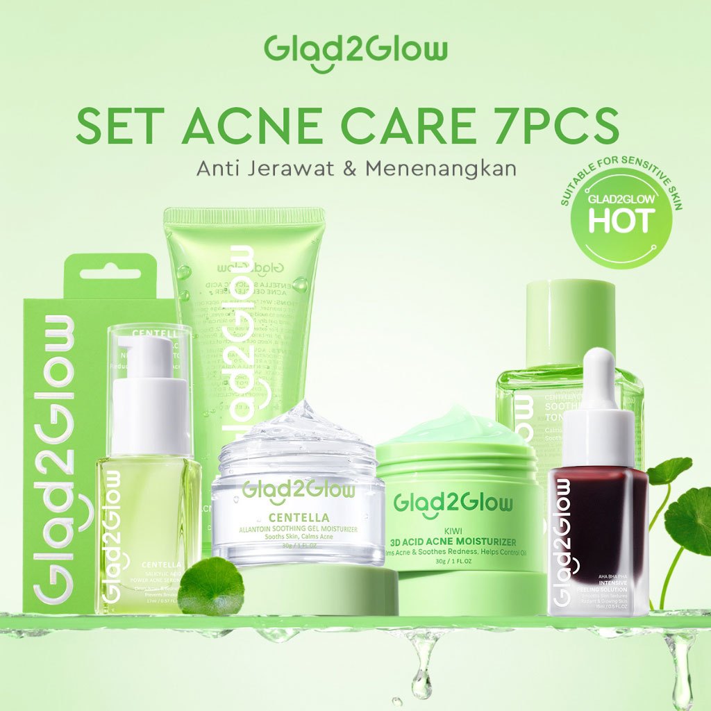 [ORDER NOW, HEMAT 50K]Glad2Glow Acne Jerawat Bundle 7in1 paket Centella madeca cream-Moisturizer+Serum+Cleanser+Toner+Clay Stick+Gel Skincare  Mask Menghilangkan Menenangkan kemerahan pada kulit Atur Minyak BerlebihMerawat Kulit g2glow official store