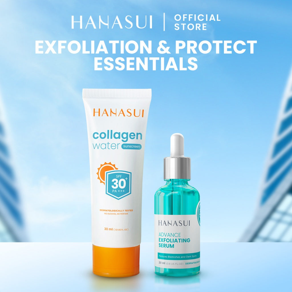 Hanasui Skincare Set | Collagen Water Sunscreen SPF 30 Power Bright Expert Serum Exfoliating Serum Ceramide Probiotics Moisturizer Gel Mencerahkan Wajah