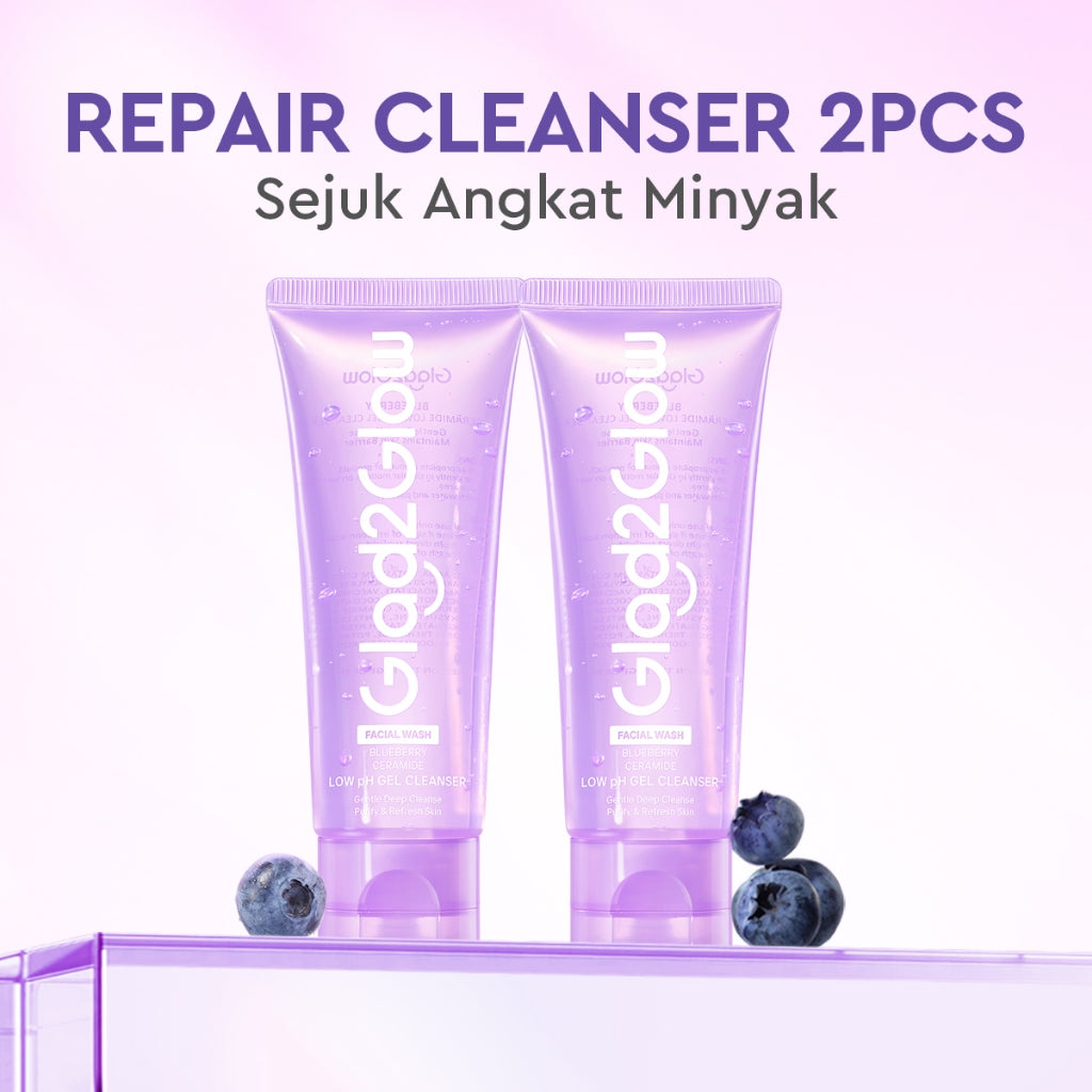 Glad2Glow Blueberry Ceramide Low pH Gel Cleanser facial wash skincare face wash sabun cuci muka cleansing balm exfoliating exfoliasi wajah sabun muka pembersih wajah Memperbaiki penghalang kulit tetap terhidrasi wajah G2G g2glow official store
