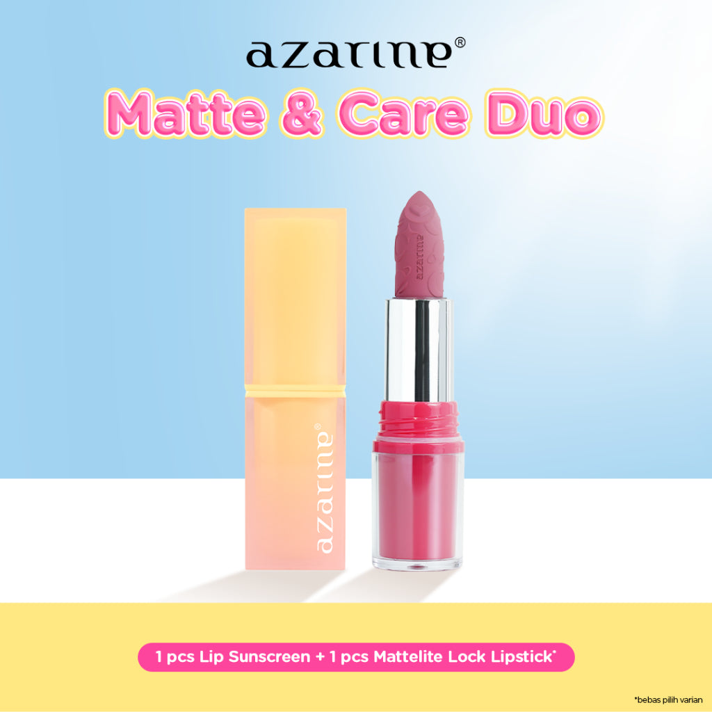 Azarine Matte & Care Duo [2 PCS] Glowkiss Sunscreen Lipbalm + Mattelite Lock Lipstick Pelembab Bibir SPF 35 PA +++ dengan Ceramide, Peptide, Vitamin C Membantu Mencerahkan Menghidrasi dan Melindungi Bibir dari Sinar UV