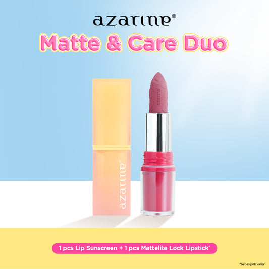 Azarine Matte & Care Duo [2 PCS] Glowkiss Sunscreen Lipbalm + Mattelite Lock Lipstick Pelembab Bibir SPF 35 PA +++ dengan Ceramide, Peptide, Vitamin C Membantu Mencerahkan Menghidrasi dan Melindungi Bibir dari Sinar UV
