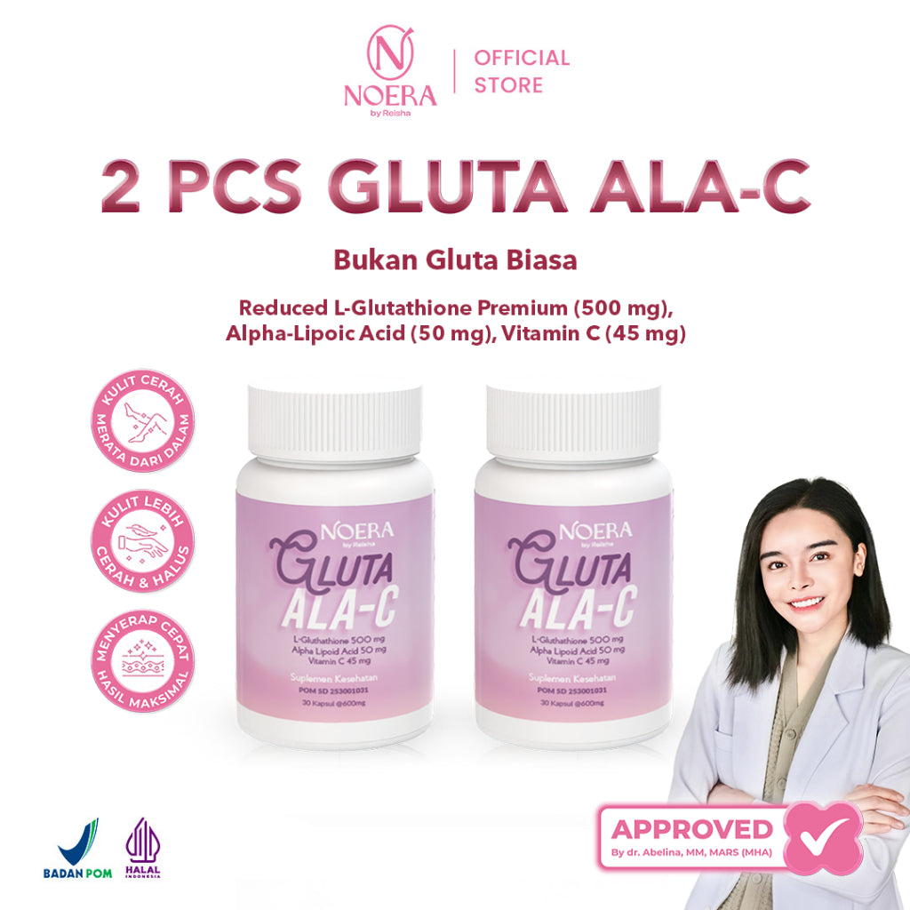 Noera 2 Pcs Gluta ALA-C | Noera Suplement Whitening L-Glutathione 500mg | Noera Whitening Capsule | L-Glutathione 500mg Alpha Lipolic Acid 50mg Vitamin C 45mg | Whitening Booster Suplemen Kecantikan