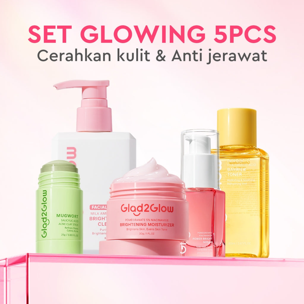 Glad2Glow bundle 5in1 paket Skincare- Moisturizer+Serum+Cleanser+Toner+ Clay Stick- Face Wash  Glowing Kit Dark Spot Acne Kit Mencerahkan warna kulit Menghilangkan jerawat Anti penuaan Mencerahkan bintik hitam Beauty Sets & Packages g2glow official store