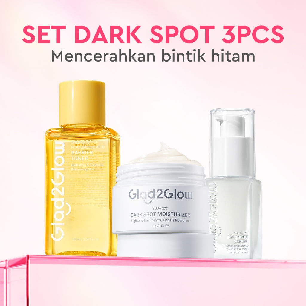 Glad2Glow 3pcs Paket Skincare- Moisturizer+Serum+Toner-Acne Kit Glowing Kit Dark Spot Barrier Bright bundle Beauty Sets Packages Mencerahkan warna kulit Menghilangkan jerawat penghalang perbaikan Mencerahkan bintik hitam Anti penuaang2glow official store