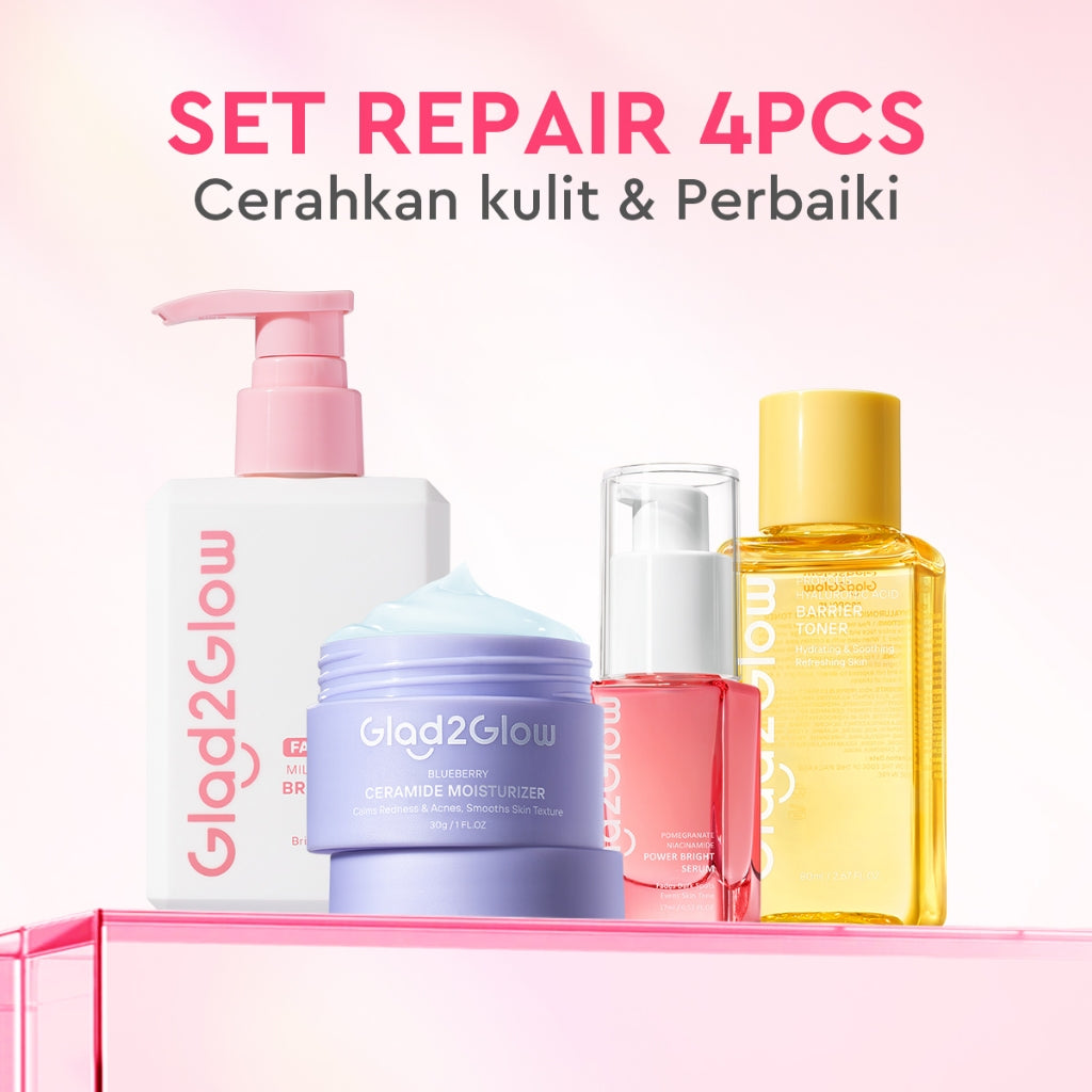 [Cocok Untuk Pemula] Glad2Glow Cerah Glowing Bundle 4in1-Brightening Moisturizer+Serum+Cleanser+toner+Peeling solution+Retinol 10%Niacinamide skincare paket pembersih perawatan kulit mencerahkan warna kulit pelembab wajah all in 1g2glow official store