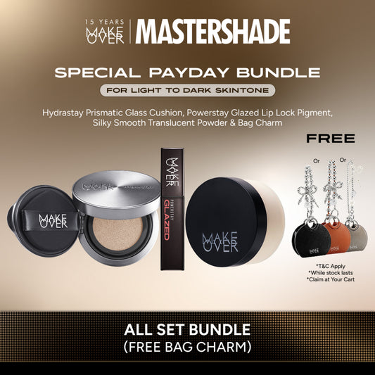 [SPECIAL PAYDAY | FREE BAG CHARM] All Set Bundle: Powerstay Sync Matte Cushion/Hydrastay Prismatic Glass Cushion + Silky Smooth Translucent Powder + Powerstay Glazed Lip Lock Pigment (FREE BAG CHARM HOJ SILVER/BROWN/BLACK)
