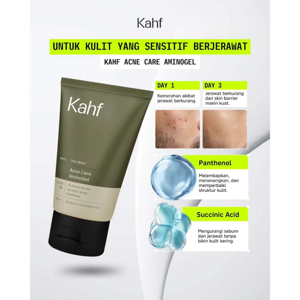 [NEW! BEBAS JERAWAT TANPA RASA KETARIK] Kahf Acne Care Amino Gel Face Wash 100 ml – Sabun Cuci Muka Pria Kulit Sensitif & Berjerawat dengan Hypochlorous Acid, Panthenol, Succinic Acid, Glycerin – Gentle Cleanser Low pH untuk Daily Use