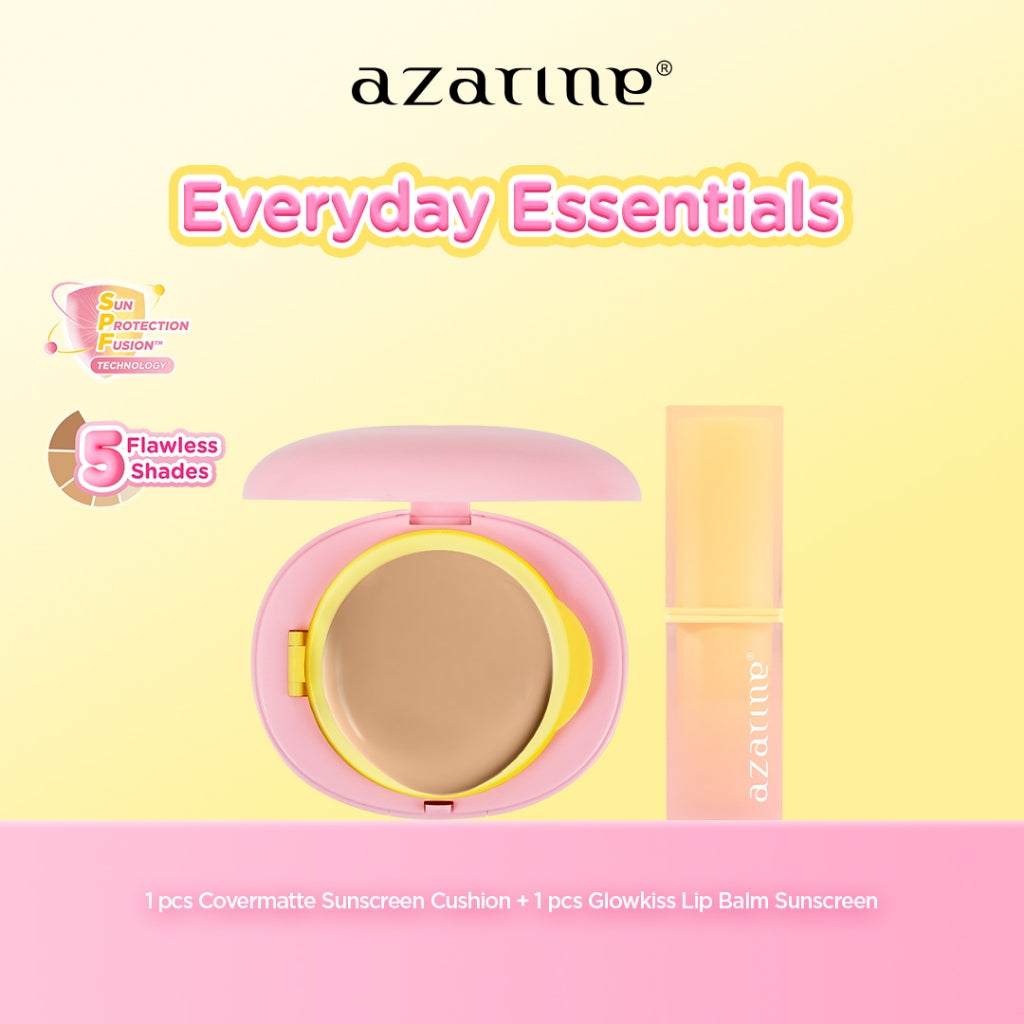 Azarine Everyday Essentials Set [2 PCS] Covermatte Cushion + Glowkiss Lip Sunscreen Pelembab Bibir SPF 35 PA +++ Cushion Tahan Lama Flawless Matte Finish Lightweight Makeup Easy Application Buildable Coverage