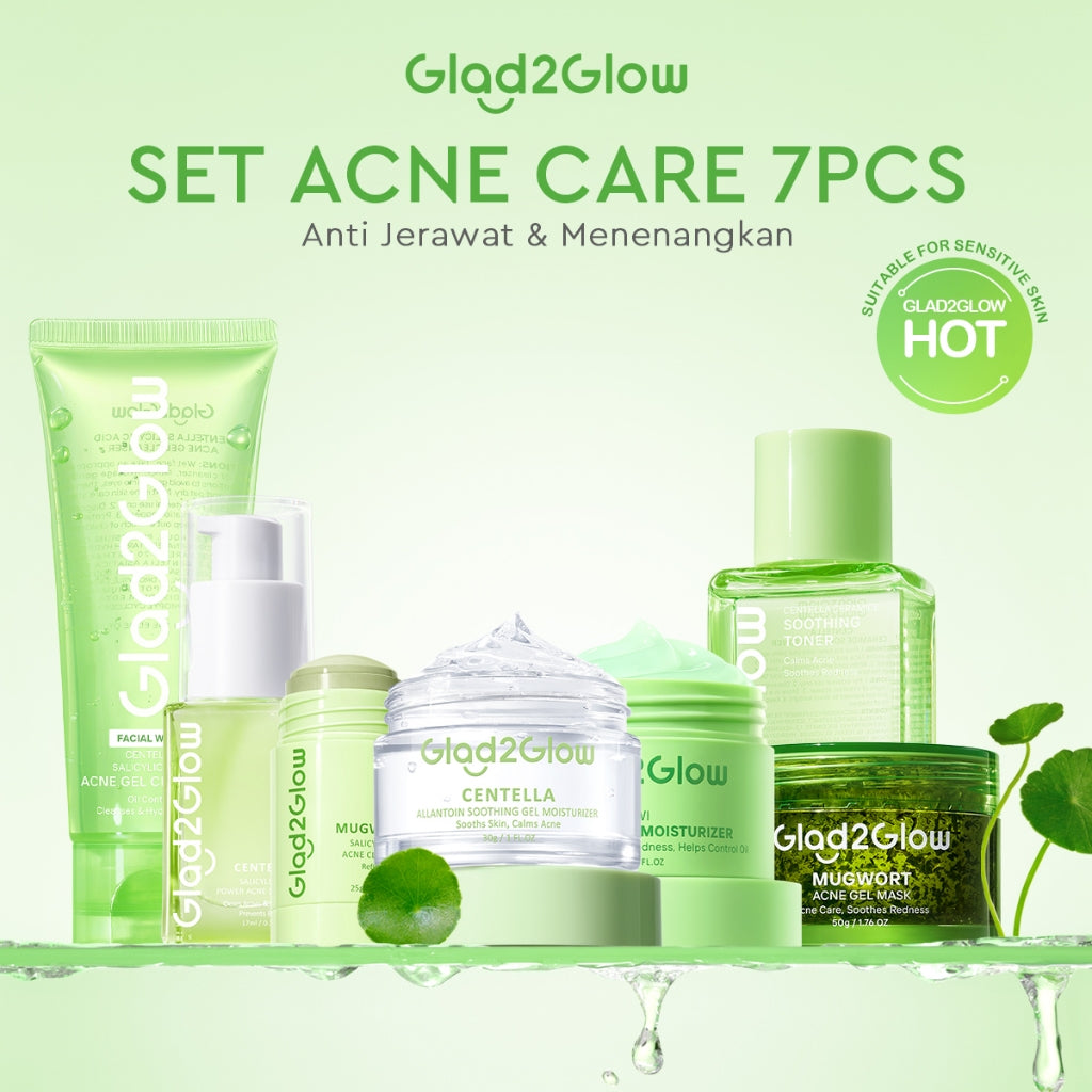 [ORDER NOW, HEMAT 50K]Glad2Glow Acne Jerawat Bundle 7in1 paket Centella madeca cream-Moisturizer+Serum+Cleanser+Toner+Clay Stick+Gel Skincare  Mask Menghilangkan Menenangkan kemerahan pada kulit Atur Minyak BerlebihMerawat Kulit g2glow official store