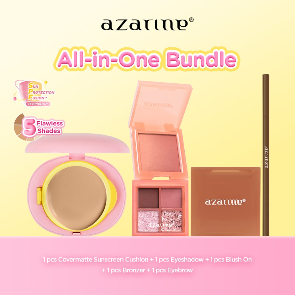 Azarine All-in-One Bundle [5 PCS] SET MAKEUP LENGKAP FULL FACE! Cushion + Blush On + Eyebrow + Bronzer + Eyeshadow Cushion Tahan Lama Flawless Matte Finish Lightweight Makeup Easy Application Buildable Coverage