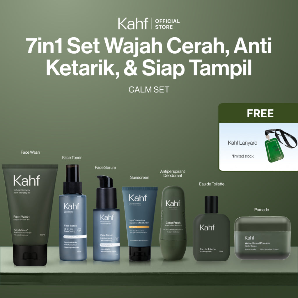 [KAHF BUNDLE 7IN1 PAKET PERAWATAN LENGKAP : WAJAH CERAH, ANTI KETARIK, & SIAP TAMPIL]  Paket Complete Grooming (Face Wash + Toner + Serum + Sunscreen Moisturizer + Deodorant + EDT + Pomade/Hair Powder) - Approved by Barber and Suitable for Daily Use