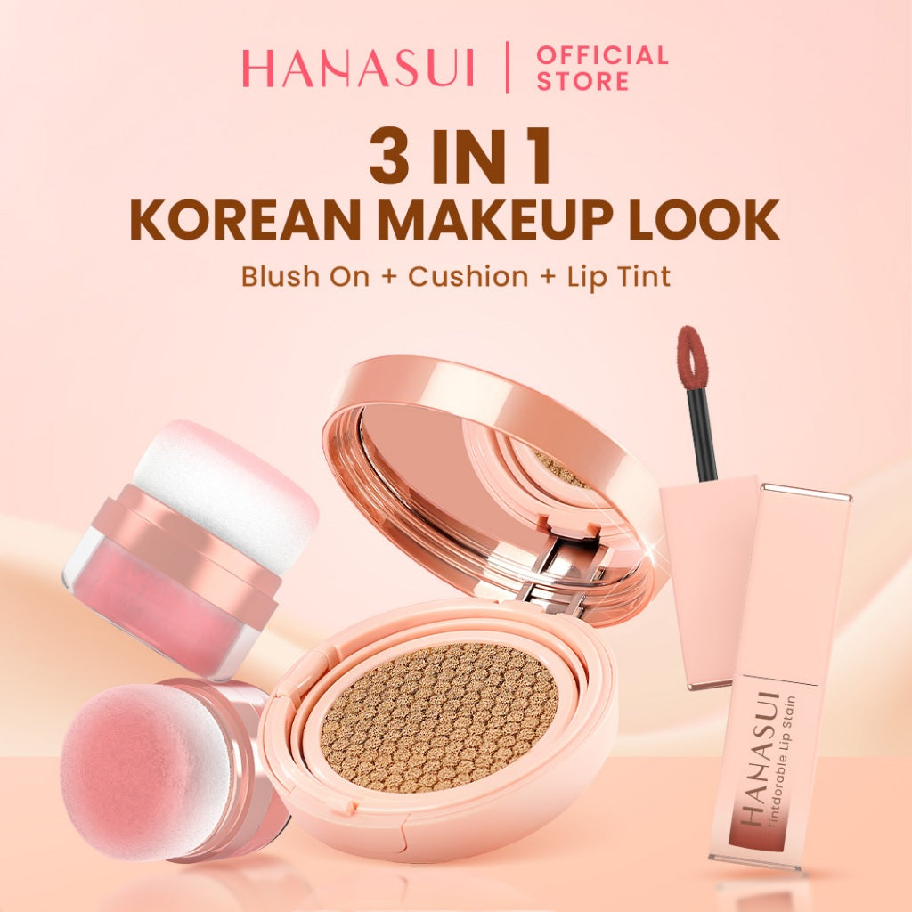 【3 IN 1】Hanasui Korean Make Up Look - Special Bundling 3Pcs Cushion Blush Liptint Natural Finish Makeup Ringan Waterproof