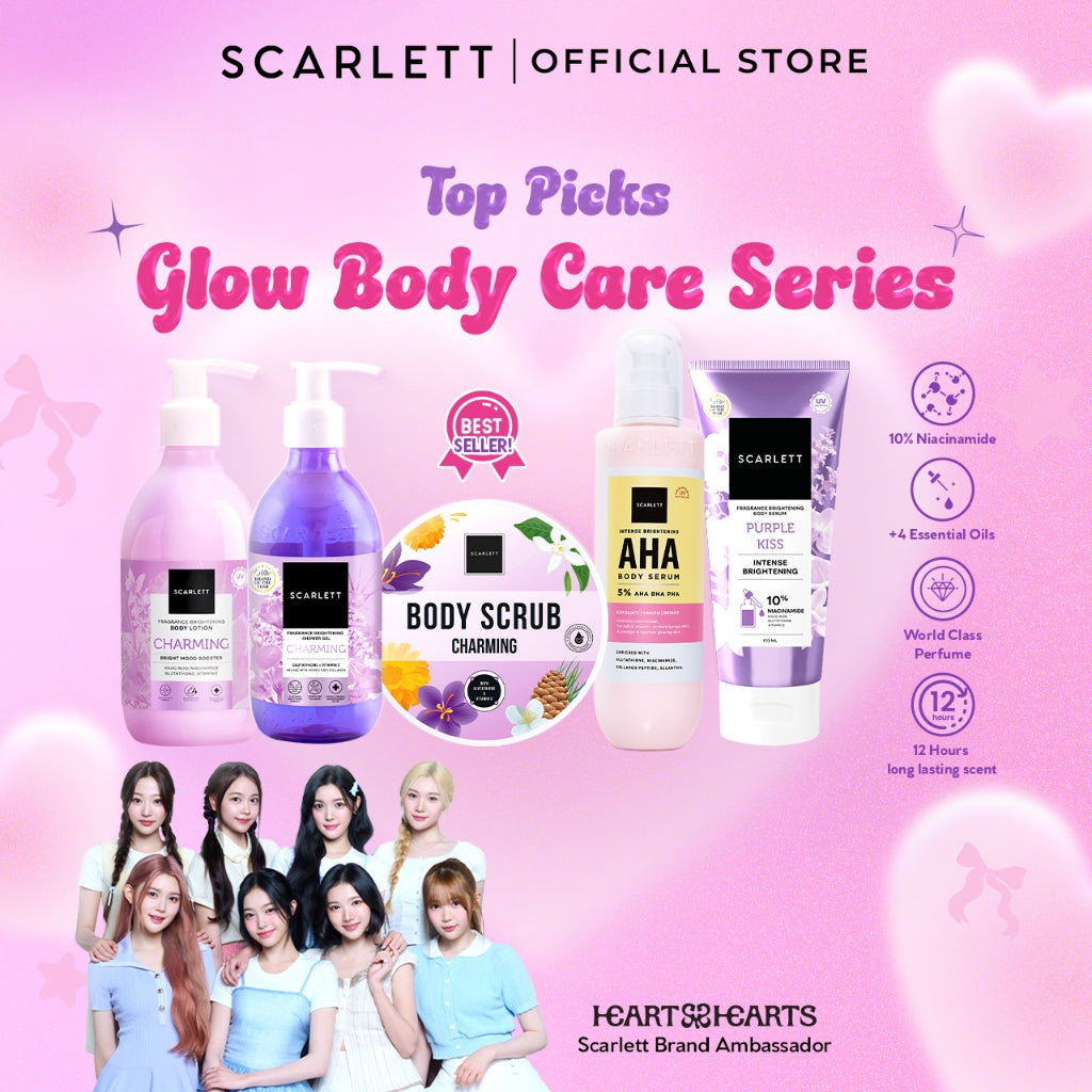 SCARLETT Top Picks Glow Body Care Series 5in1 Body Scrub + Shower Gel/Shower Scrub + Exfoliate + Body Serum + Body Lotion Paket Lengkap Fragrance Body Care | Aroma Wangi Mewah Tahan 12 Jam Mencerahkan Melembabkan Menutrisi Kulit