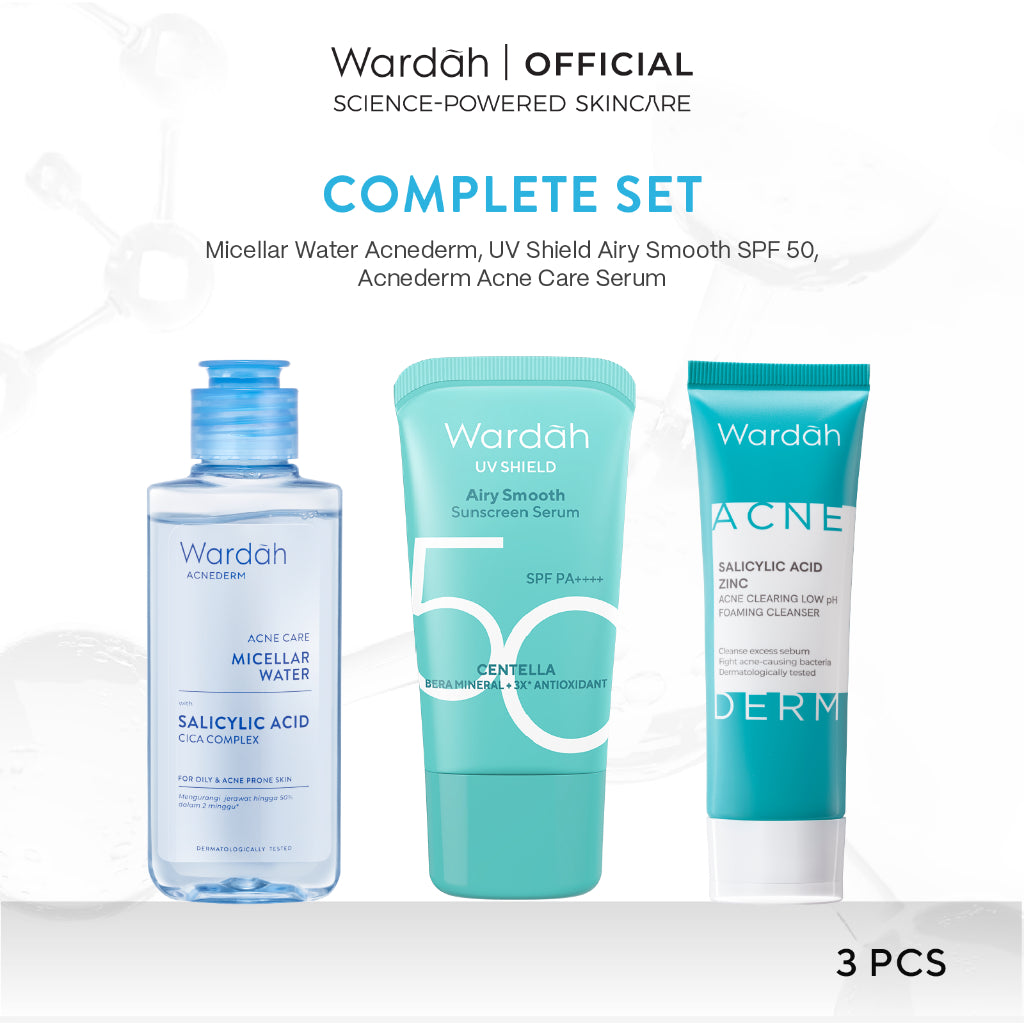 WARDAH Paket Komplit Micellar Water 100 ml + Gel Cleanser Acnederm - Untuk Kulit Wajah yang Lebih Bersih - Skincare