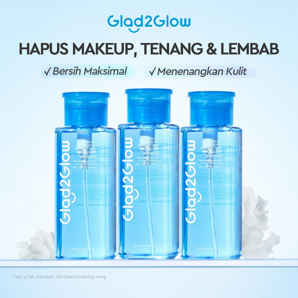 GLAD2GLOW Tremella Panthenol Sensitive Care Micellar Water-300ml Pembersih Wajah Make Up Remover Cleansing Water Membersihkan makeup waterproof dan kotoran Menenangkan dan menghidrasi kulit Tidak terasa lengket setelah membersihkan g2glow official store