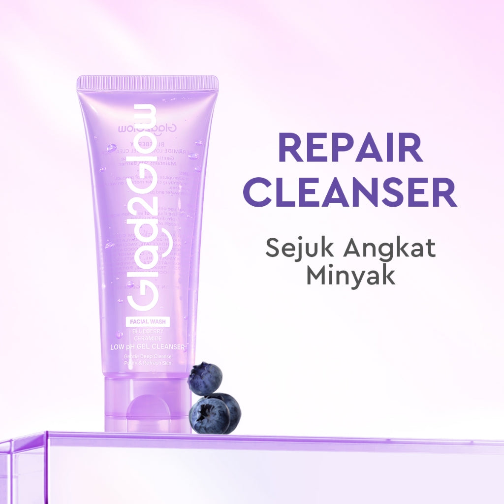 Glad2Glow Blueberry Ceramide Low pH Gel Cleanser facial wash skincare face wash sabun cuci muka cleansing balm exfoliating exfoliasi wajah sabun muka pembersih wajah Memperbaiki penghalang kulit tetap terhidrasi wajah G2G g2glow official store