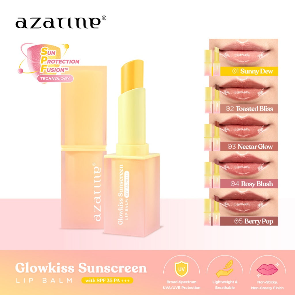 Azarine Glowkiss Sunscreen Lip Balm 3gr Pelembab Bibir SPF 35 PA +++ dengan Ceramide, Peptide, Vitamin C Membantu Mencerahkan Menghidrasi dan Melindungi Bibir dari Sinar UV