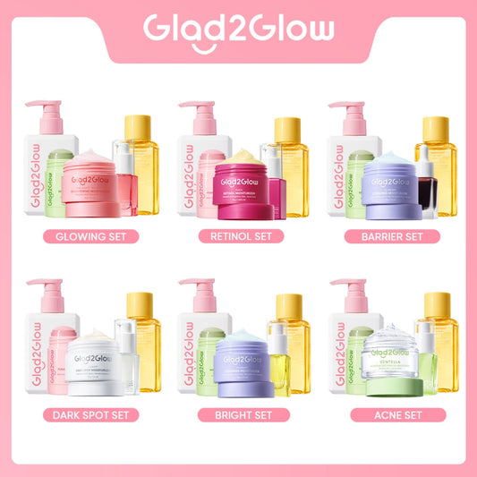 Glad2Glow bundle 5in1 paket Skincare- Moisturizer+Serum+Cleanser+Toner+ Clay Stick- Face Wash  Glowing Kit Dark Spot Acne Kit Mencerahkan warna kulit Menghilangkan jerawat Anti penuaan Mencerahkan bintik hitam Beauty Sets & Packages g2glow official store
