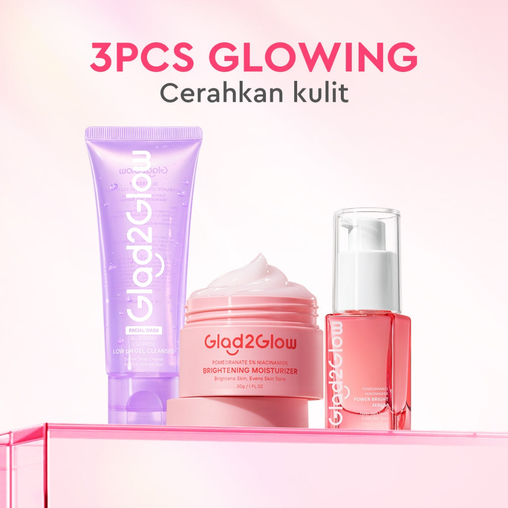 Glad2Glow bundle 3in1 paket Skincare- Moisturizer+Serum+Cleanser- Face Wash Glowing Kit Dark Spot Acne Kit Mencerahkan warna kulit Menghilangkan jerawat Anti penuaan kulit halus Mencerahkan bintik hitam Beauty Sets & Packages glad2glow official store