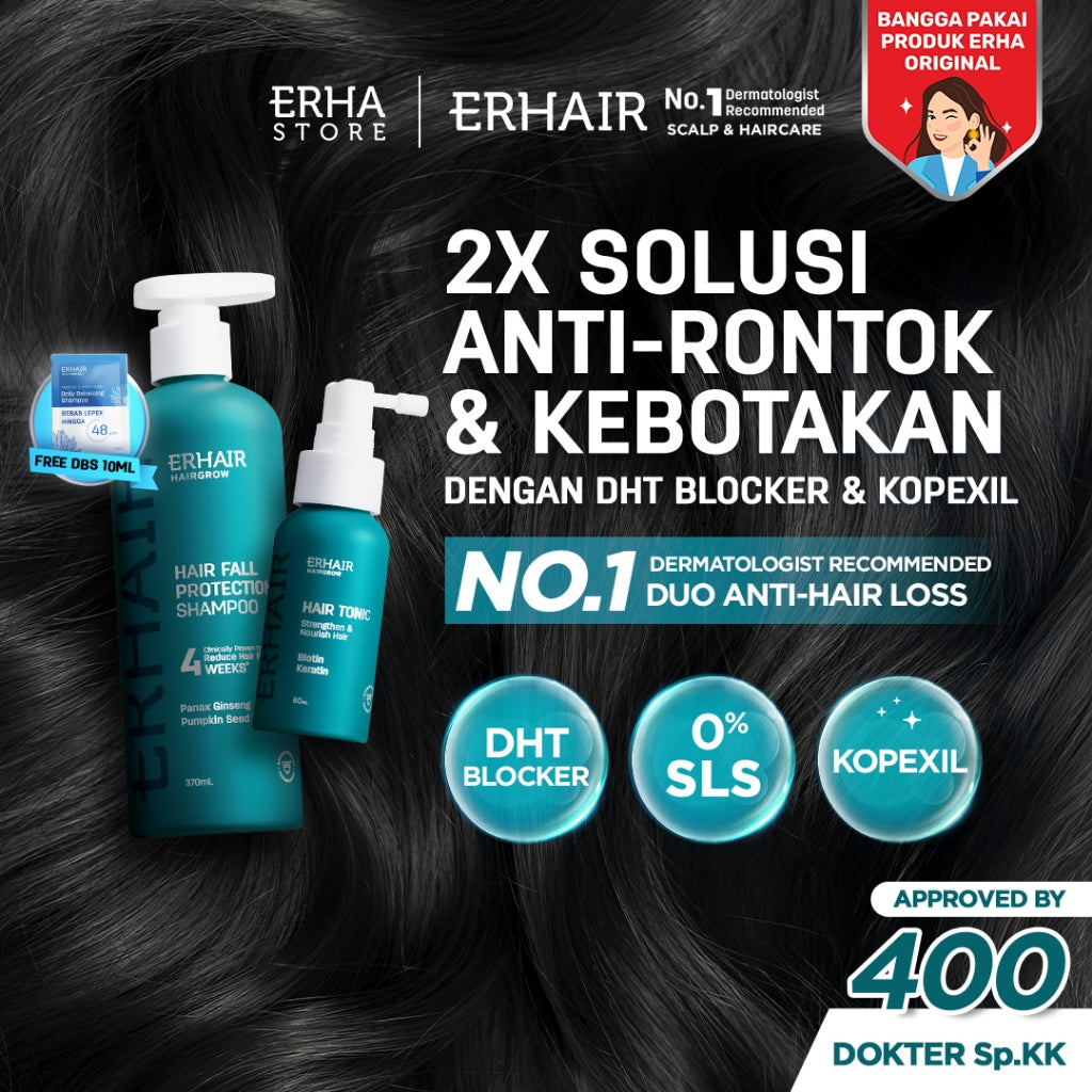 ERHAIR SET ANTI RONTOK Hairgrow Shampoo 370ml + Hair Tonic 60ml - Mencegah Rontok Hormonal | DHT Blocker | Panax Ginseng & Pumpkin Seed | Rekomendasi Ahli Dermatologi