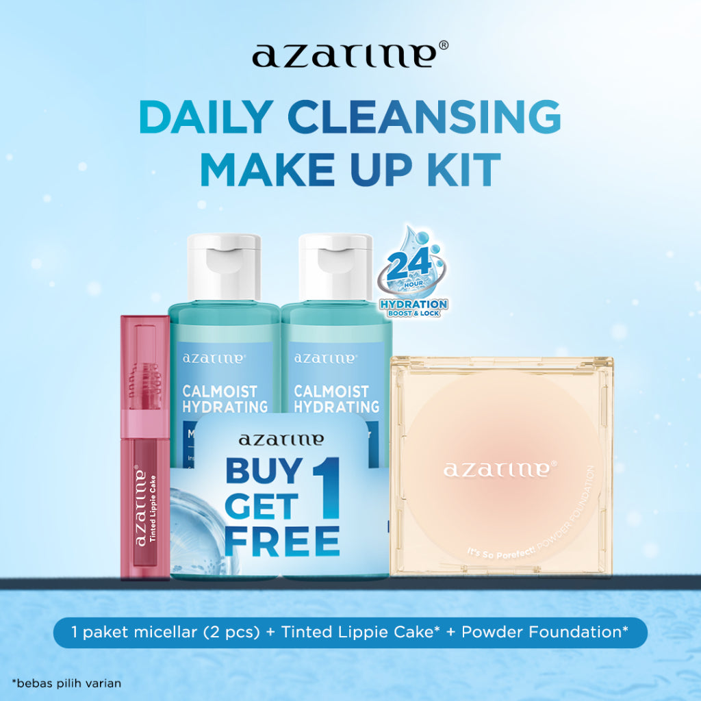 Azarine Daily Cleansing Makeup Kit [3 PCS] Calmoist Micellar Water + TWC + Liptint Longlasting Hydrating Extra Moisturizing Pembersih Wajah Tanpa Residu Menghidrasi Kulit dan Tidak Pedih di Mata