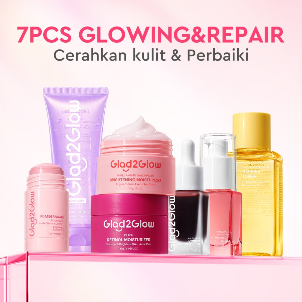 Glad2Glow Retinol Set All In 1 bundle paket Skincare-Moisturizer+Serum+Cleanser+Toner+ Clay Stick-peach moisturizer skin barrier Retinoid Memudarkan Garis Halus Memudarkan Kerutan Menghaluskan  merawat jerawat dan kemerahan g2glow official store