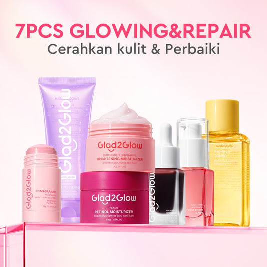 Glad2Glow Retinol Set All In 1 bundle paket Skincare-Moisturizer+Serum+Cleanser+Toner+ Clay Stick-peach moisturizer skin barrier Retinoid Memudarkan Garis Halus Memudarkan Kerutan Menghaluskan  merawat jerawat dan kemerahan g2glow official store