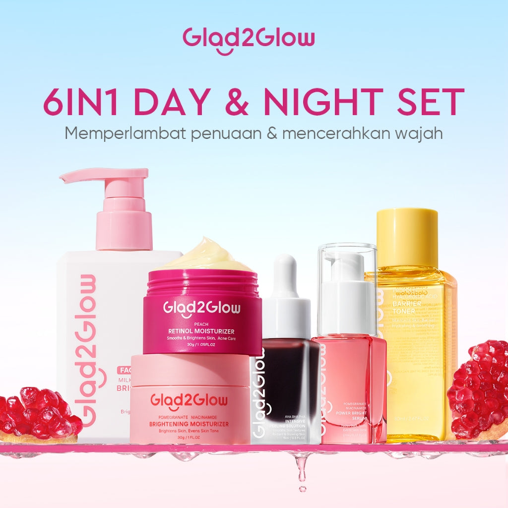Glad2Glow Day&Night 6in1 Renew Set bundle -Milk cleanser+Brightening toner+Brightening Moisturizer+Cleanser+Brightening Serum+Retinol Serum+Retinol moisturizer Niacinamide Mencerahkan Wajah Mencerahkan Melembabkan Kulit skin skincare g2glow official store