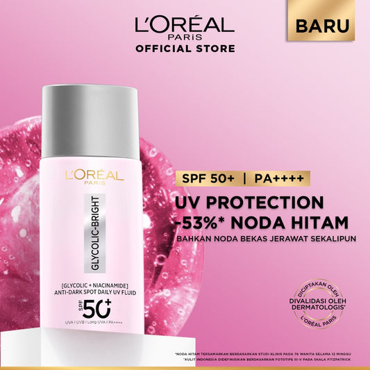 [NEW LAUNCH!] GLYCOLIC - BRIGHT ANTI DARK-SPOT DAILY UV FLUID SPF 50+ l 50ml l SUNSCREEN PERTAMA UNTUK MENYAMARKAN NODA HITAM, BEKAS JERAWAT, DAN MENCERAHKAN l TABIR SURYA, SPF, SUNBLOK, SUN SCREEN