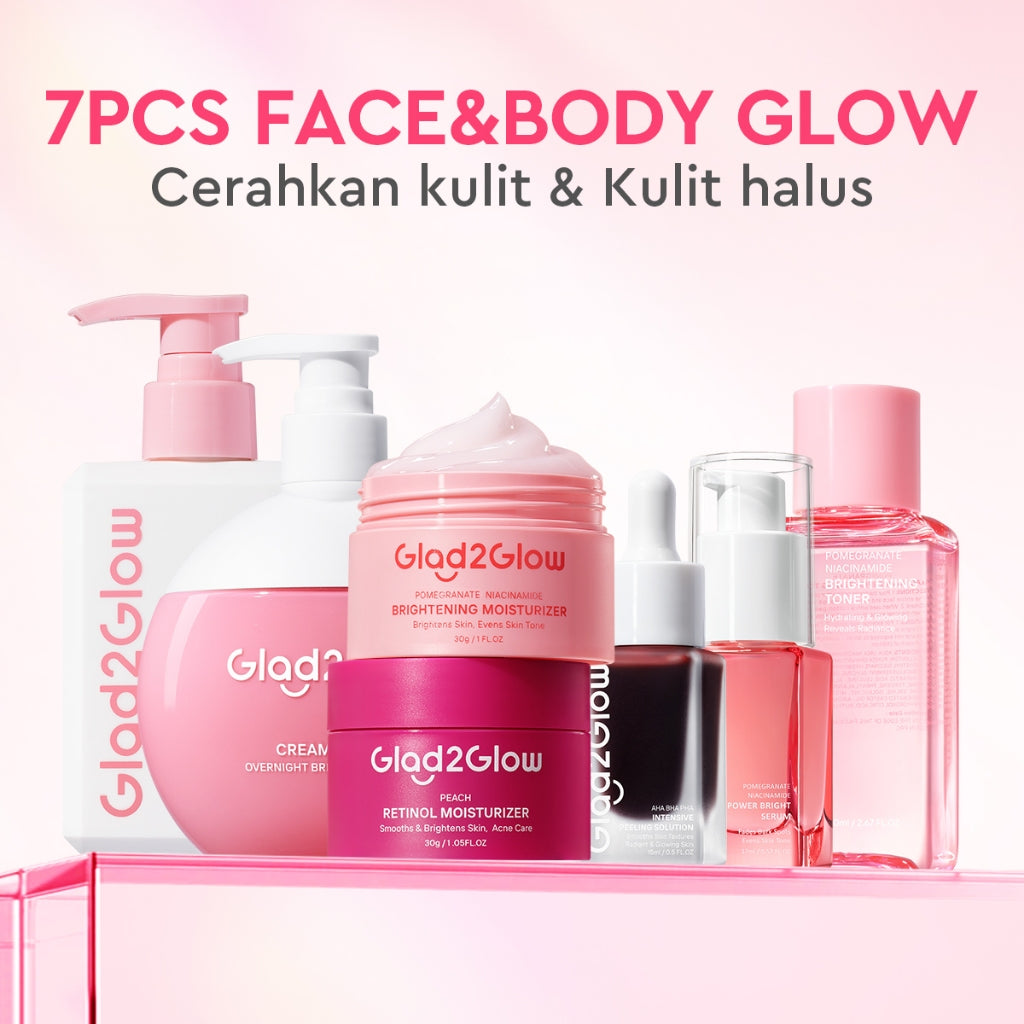 [Cocok Untuk Pemula] Glad2Glow Cerah Glowing Bundle all in 1 7in1-Brightening Moisturizer+Serum+Cleanser+toner+Peeling solution+Retinol 10%Niacinamide skincare paket pembersih perawatan kulit mencerahkan warna kulit pelembab wajah g2glow official store