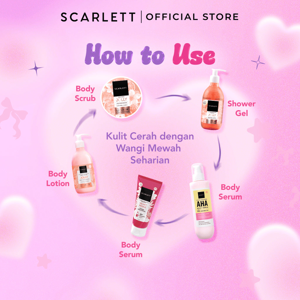SCARLETT 4in1 Bodycare Daily Routine Body Scrub + Shower Scrub + Body Serum + Body Lotion Paket Sehari-hari Mencerahkan Kulit | Intense Mencerahkan Kulit Wangi Tahan Lama