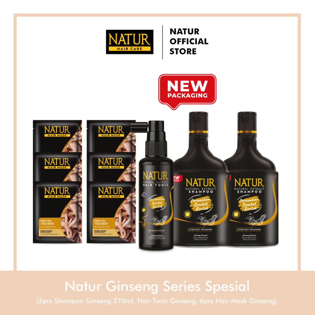 Natur Ginseng Series Spesial (270 ml 2 Pcs, Tonik Ginseng 1 Pcs, H. Mask Ginseng 6 Pcs) - Paket Rambut Rontok / Anti Hair Fall / Menguatkan Akar Rambut