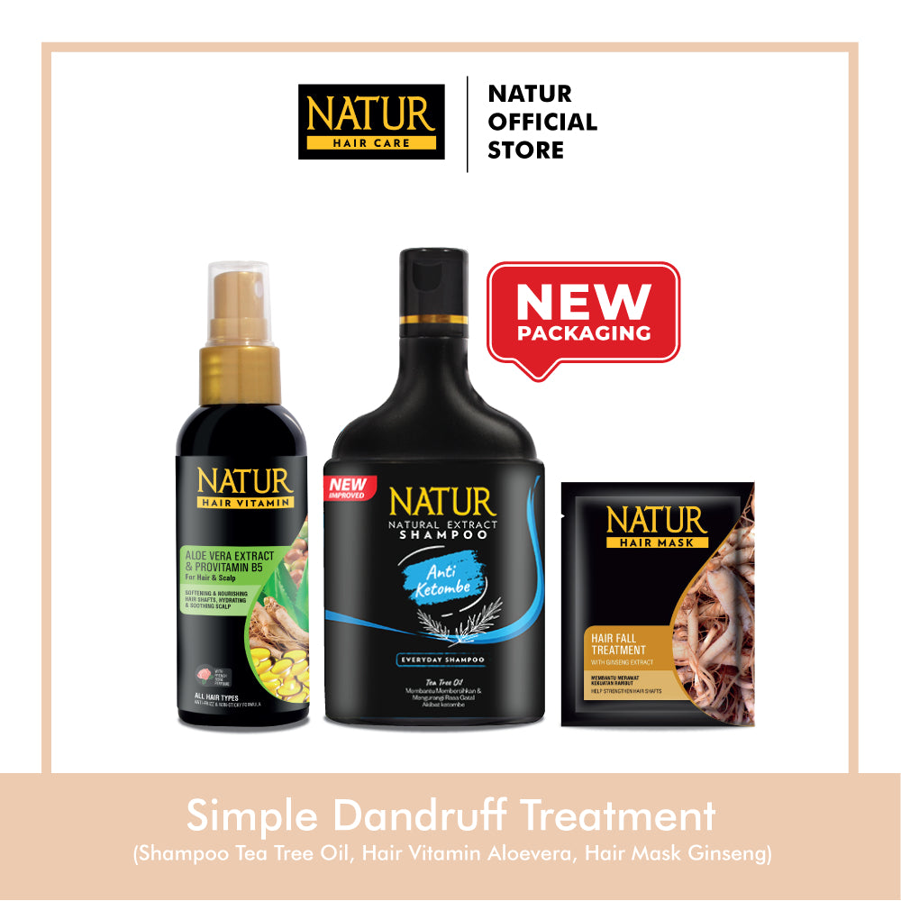 Simple Dandruff Treatment (Shampoo TTO, Hair Vitamin Aloevera, Hair Mask Olive Oil) - Paket Perawatan Rambut Berketombe