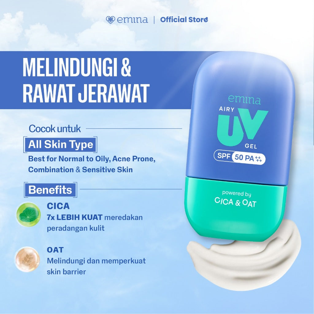 [SPECIAL 11.11] NEW! Emina UV Gel Sunscreen SPF 50 PA++++ Series - Sunscreen Wajah, Sunscreen Gel, Melindungi dari Sinar UV, No Whitecast, No Comedogenic, Cepat Menyerap, Lembut, Mencerahkan, Melembapkan, Mengandung Symwhite 377+, Cica, Oat, Cocok Untuk S