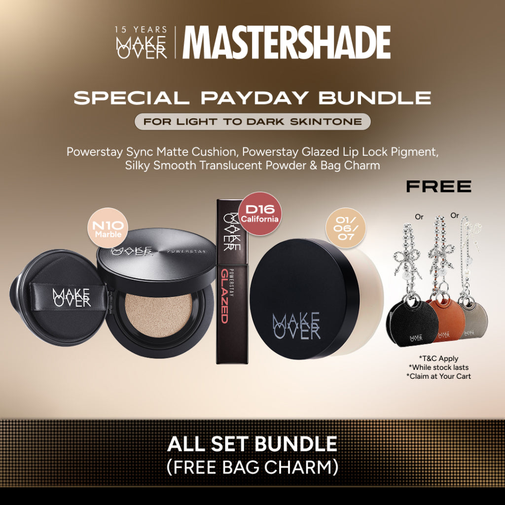 [SPECIAL PAYDAY | FREE BAG CHARM] All Set Bundle: Powerstay Sync Matte Cushion/Hydrastay Prismatic Glass Cushion + Silky Smooth Translucent Powder + Powerstay Glazed Lip Lock Pigment (FREE BAG CHARM HOJ SILVER/BROWN/BLACK)