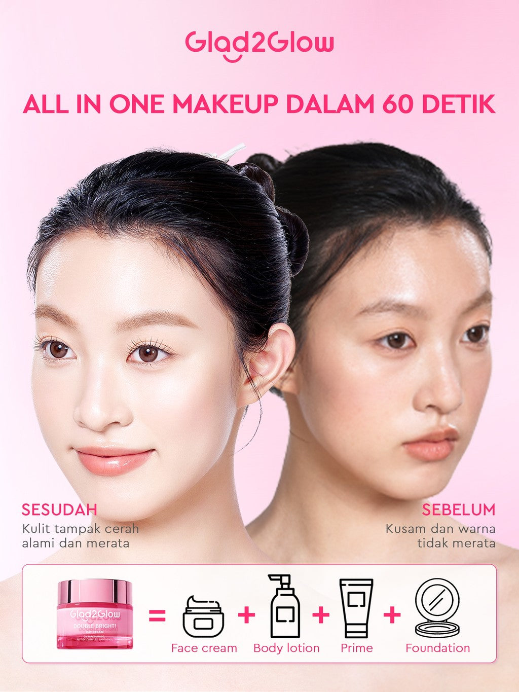 Glad2Glow Double Bright Day Cream tone up cerah Niacinamide Moisturizer brightening wajah cream pemutih wajah day cream Night Cream whitening cream skincare glowing BB cream Mencerahkan warna kulit halus g2glow official store