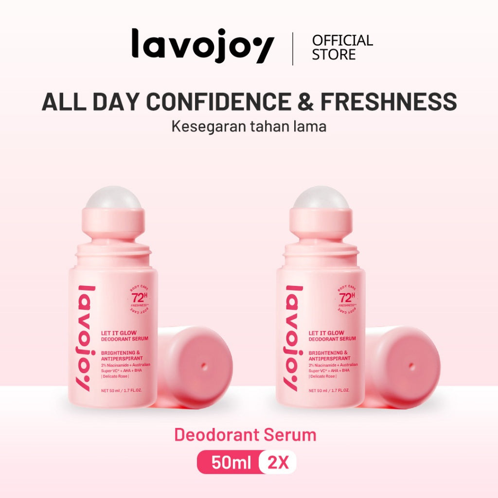 Lavojoy Let It Glow Deodorant Serum - Paket Perawatan Pencerah Ketiak & Kulit Tubuh, 72 Jam Perlindungan Bau & Keringat, Cepat Kering 5 Detik, Aman Kulit Sensitif, Niacinamide + Vitamin C