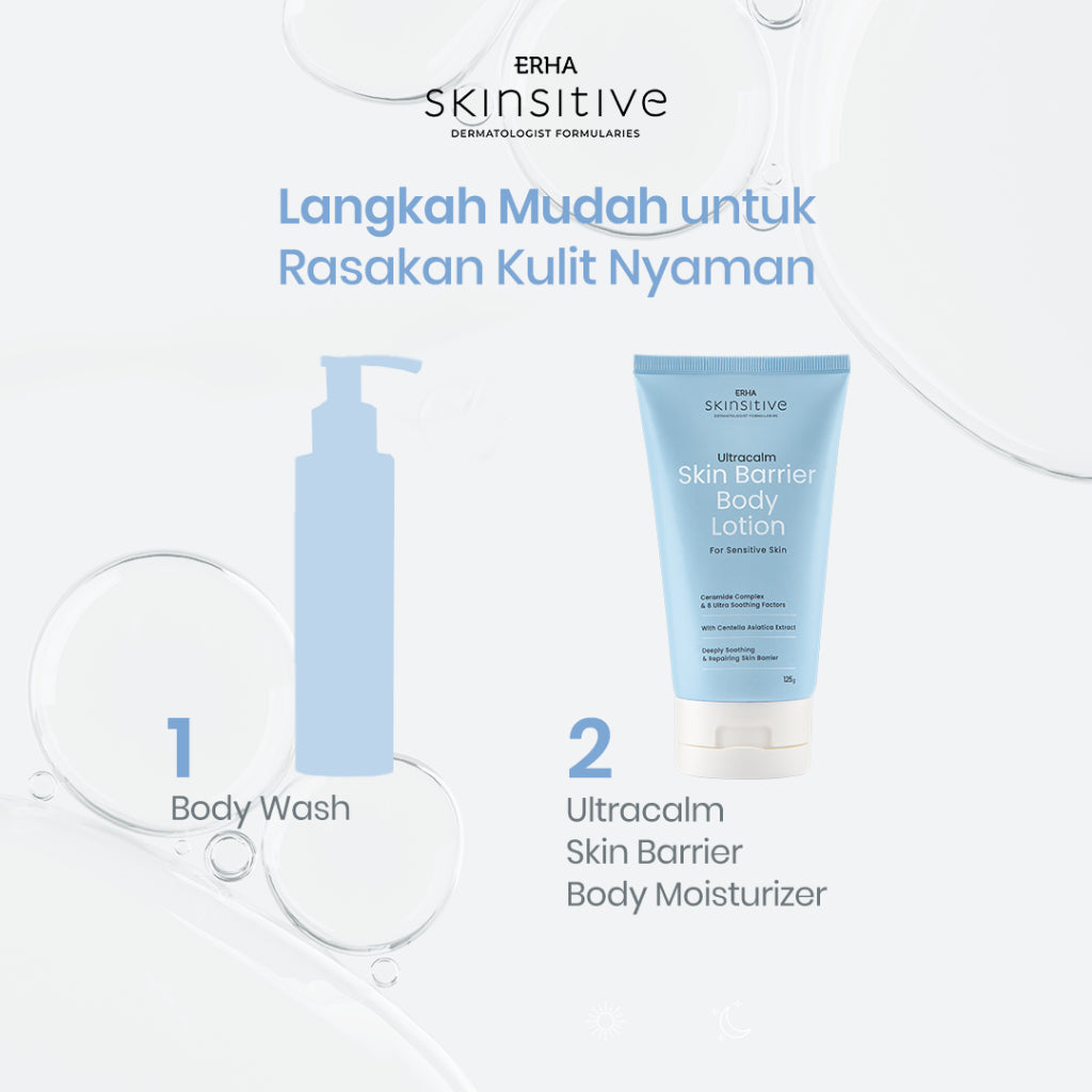 ERHA Skinsitive Ultracalm Body Lotion 125g | Pelembap Kulit Semua Jenis Kulit (Normal, Kering, Sensitif) | Gentle, No Fragrance, No Alcohol | Kulit Sangat Kering, Eksim, Ibu Hamil Menyusui, Anak Usia 3 | Skin Barrier Kuat dengan Ceramide, Calming Agent