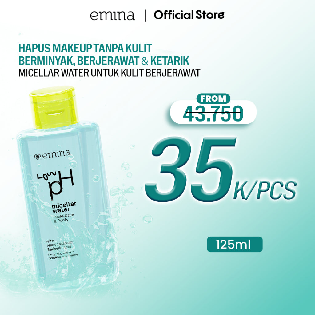 Emina Low pH Micellar Water  untuk Kulit Berminyak dan Berjerawat Sensitif 125ml & 300ml | Salicylic Acid Pembersih Wajah Gentle Makeup Remover Double Cleansing for Acne-Oily Prone Skin Oil Control Moisturizer Sunscreen Mencerahkan
