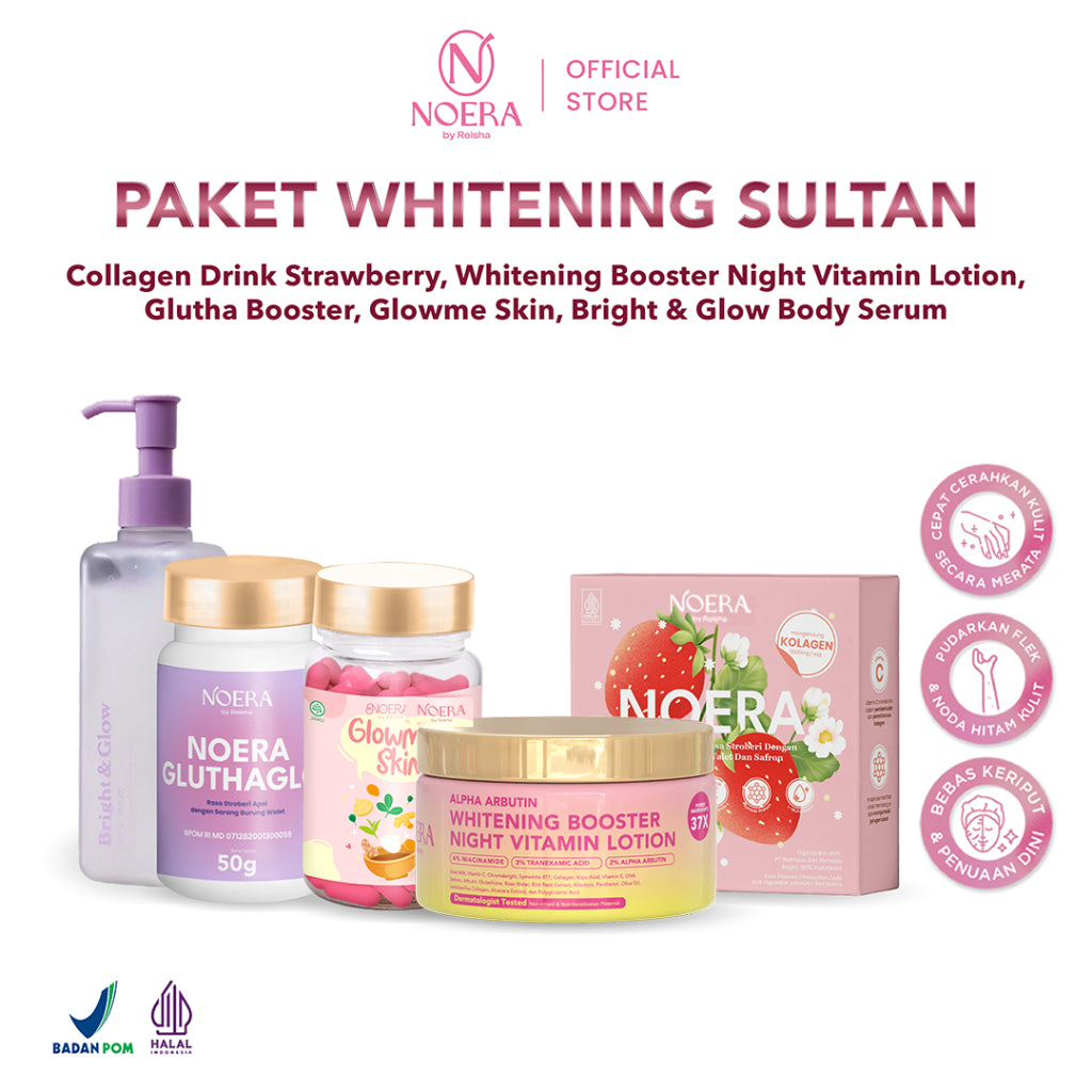 Noera Paket Whitening Sultan | Bright & Glow Body Serum + Glutha Booster + Glow Me Skin + Whitening Booster Night Vitamin Lotion + Collagen Drink Improved Formula