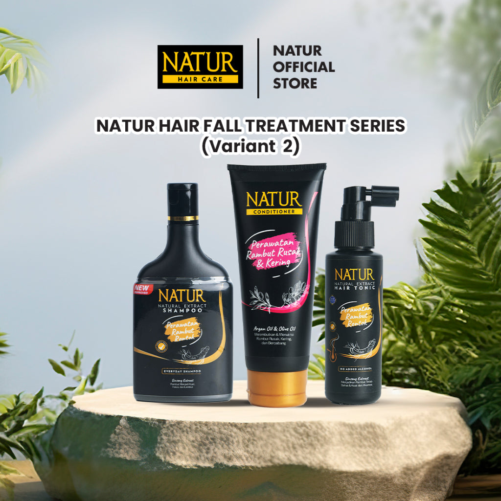 Natur Hair Fall Treatment - Paket Perawatan Haircare dengan Extract Ginseng dan Argan / Anti Hairfall (Anti Rambut Rontok) / Menguatkan serta memberi nutrisi / Vitamin Akar Rambut (Sampo, Hair Tonic, Conditioner) Shampoo & Conditioner