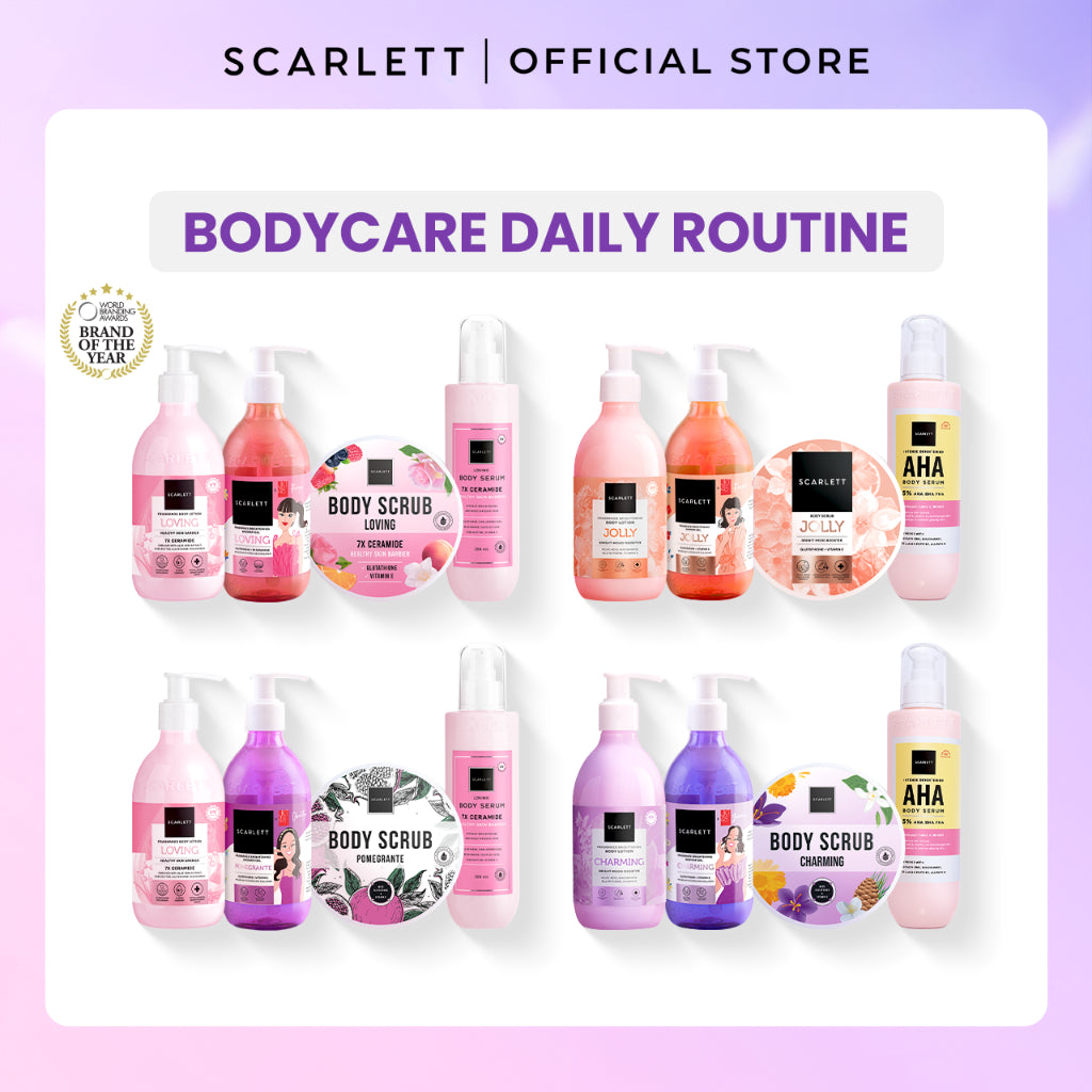 SCARLETT 4in1 Bodycare Daily Routine Body Scrub + Shower Scrub + Body Serum + Body Lotion Paket Sehari-hari Mencerahkan Kulit | Intense Mencerahkan Kulit Wangi Tahan Lama