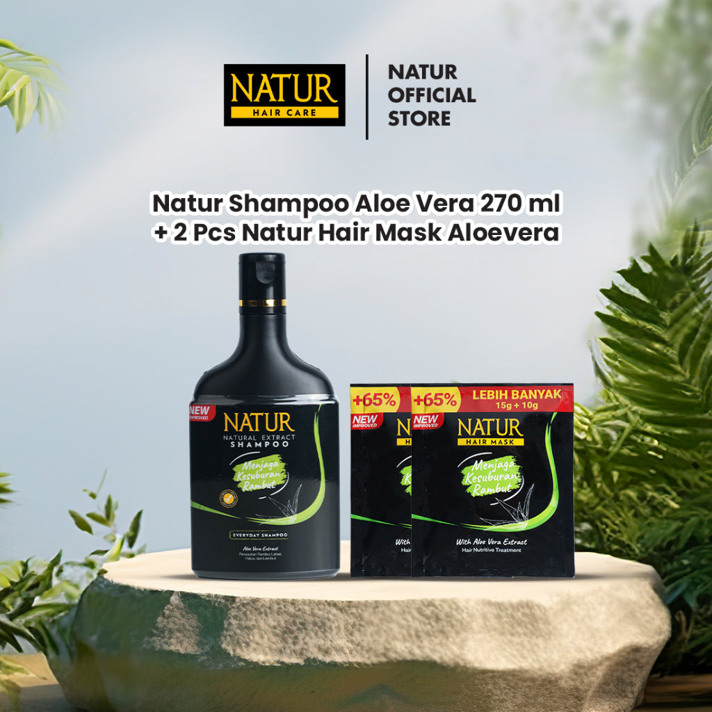 Natur Shampoo Aloe Vera 270 ml + 2pc Natur Hair Mask Aloe Vera - Paket Perawatan Melebatkan Rambut & Tebal
