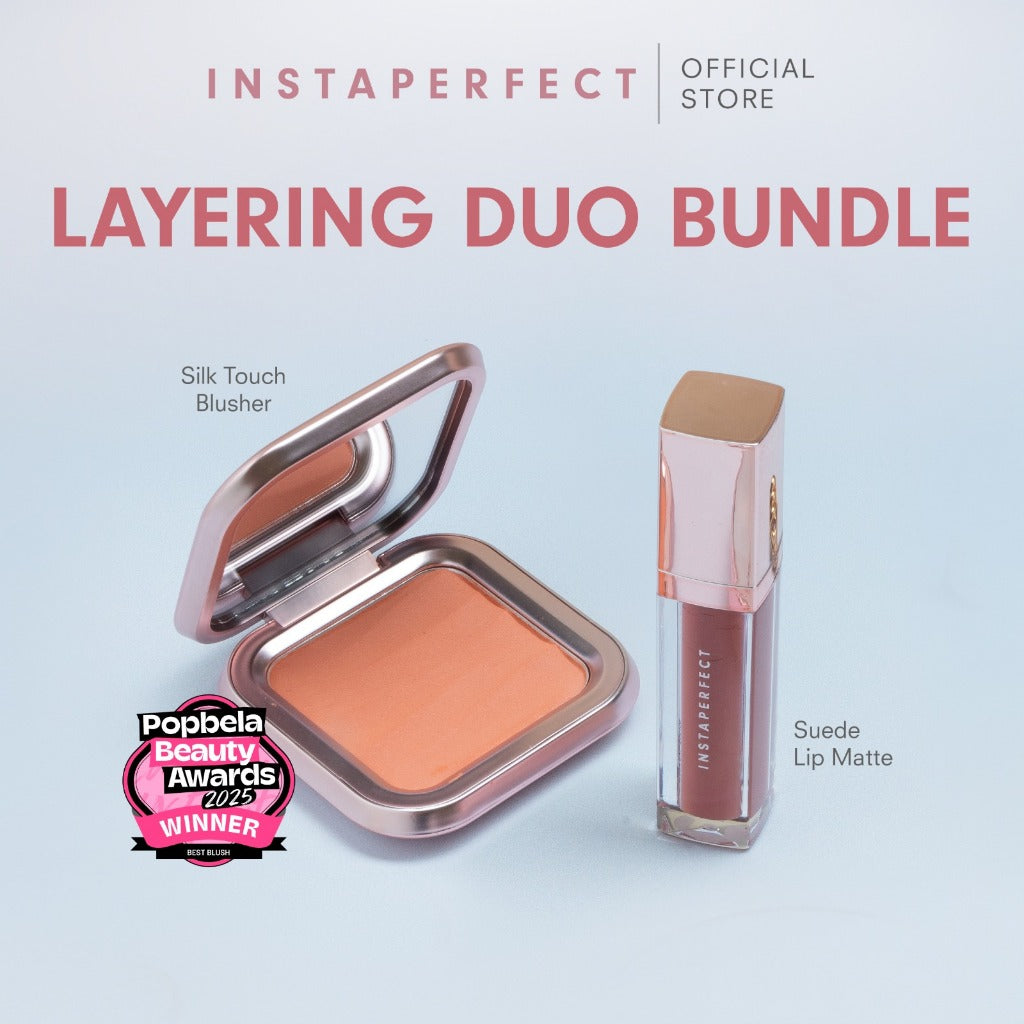 Instaperfect Layering Duo Set Bundle: Silk Touch Blusher + Suede Lip Matte  (MLBB Nude Lip Cream, Cover Blurry, Transfer Resistant, Enhancing)- Paket Make Up