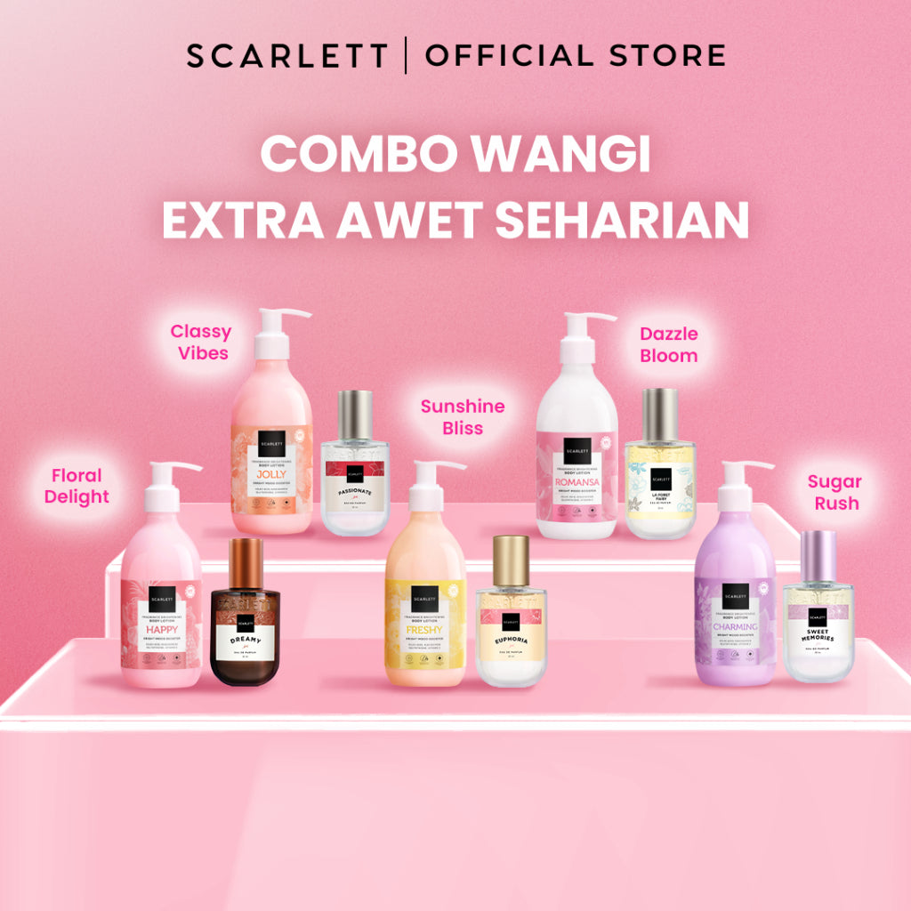 SCARLETT Fragrance Brightening Body Lotion Bright Mood Booster 300ml +4 Essential Oils 3X  Brightening Power | Solusi Untuk Kulit Kering | Menenangkan, Mencerahkan Kulit, Wangi Tahan Seharian