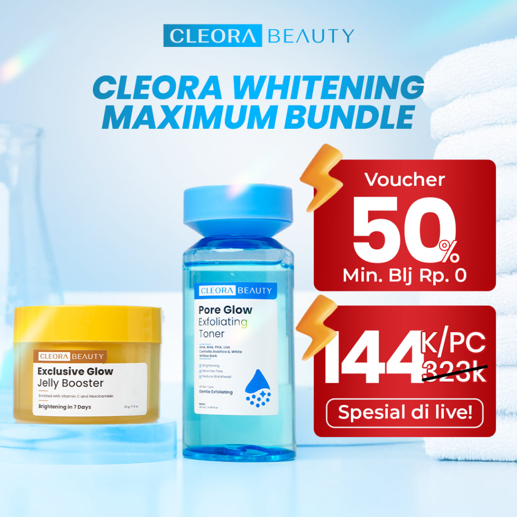 [ ] Cleora Beauty Whitening Bundle Exclusive Glow Jelly Booster & Pore Glow Exfoliating Toner 120ml - Paket Skincare Untuk Mencerahkan Muka Memperbaiki Skin Barrier Menyamarkan Pori Pori Scincare Wanita Pria Menghaluskan Kulit Exfoliasi Wajah