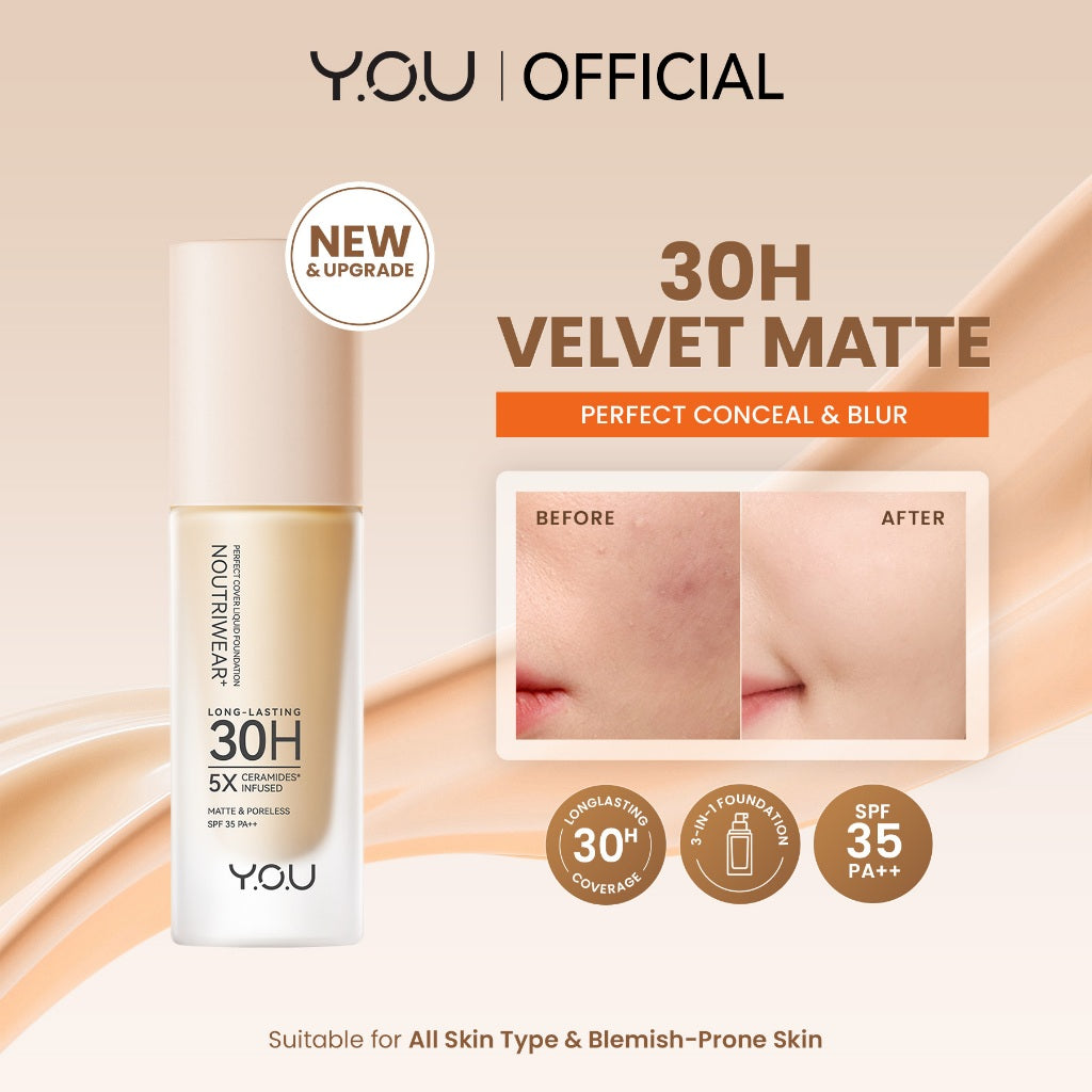 [NEW UPGRADE] YOU NoutriWear+ Perfect Cover Liquid Velvet Liquid Foundation Foundation Dengan Sunscreen High Coverage SPF 35 Velvet Matte Finish